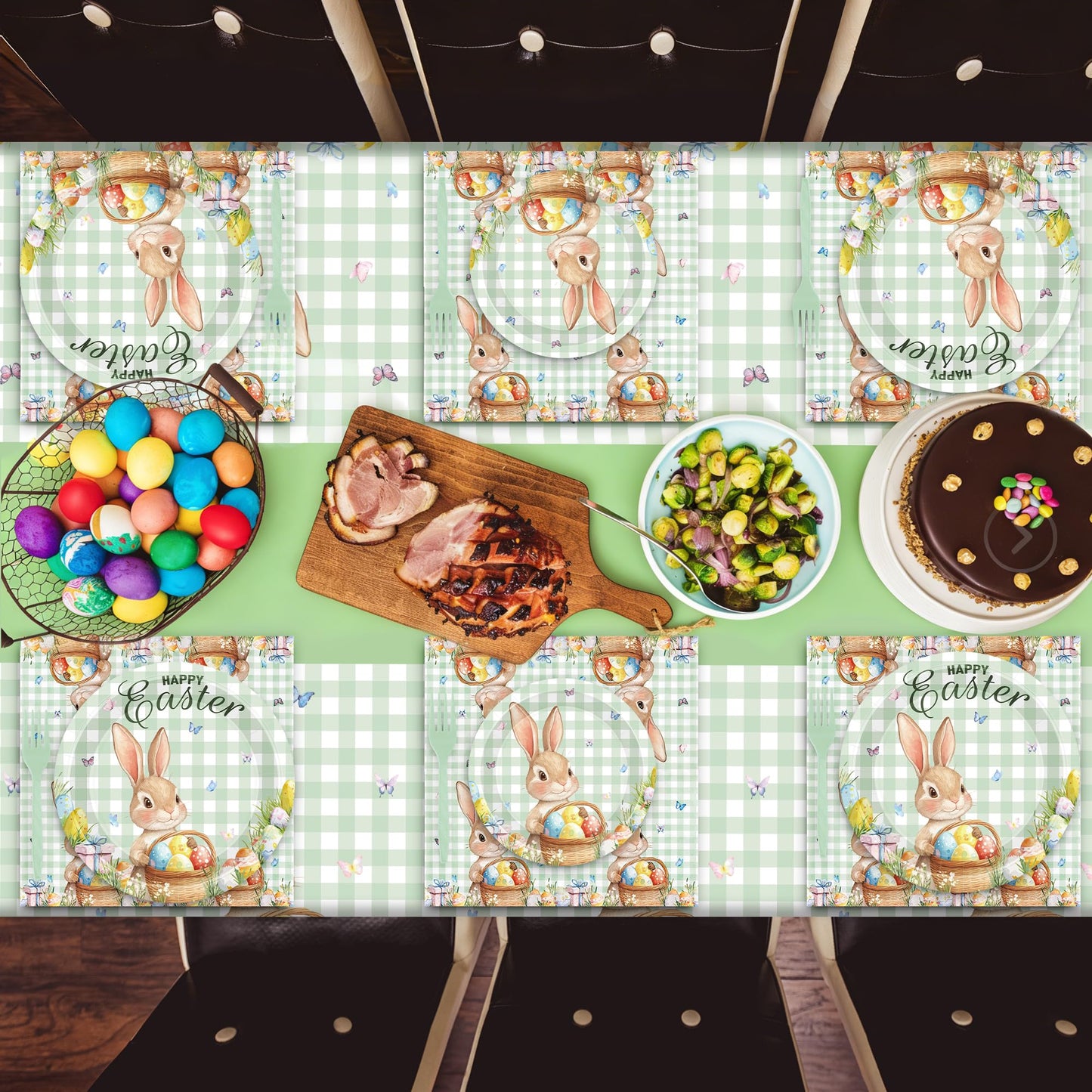 122 Pcs Easter Plates and Napkins Set, Disposable Bunny Eggs Dinnerware Easter Decorations, Sage Green Paper Plates, Napkins, Fork and Tablecloth for Spring Celebrations Party Favors, Serve 30 Guests