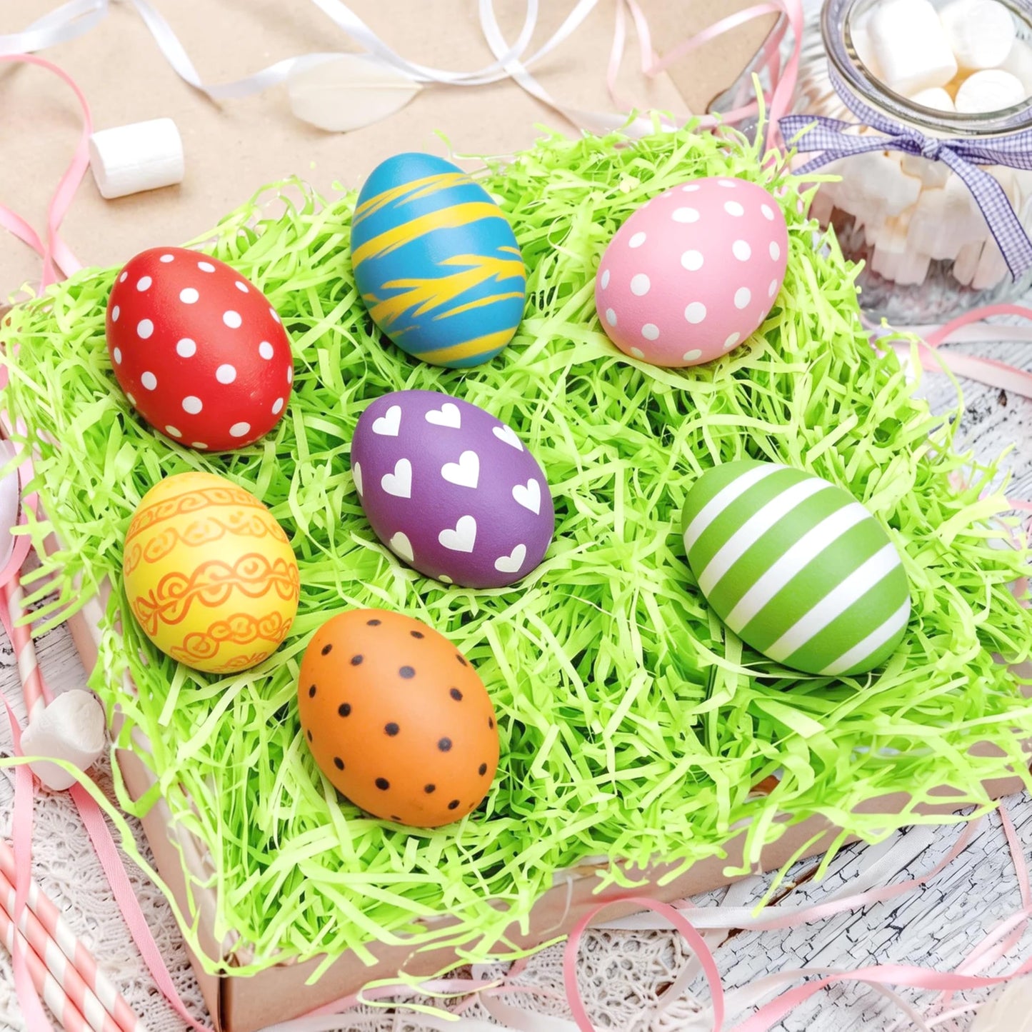 Seifar 5.3oz/150g Green Easter Grass Basket Filler, Recyclable Shred Paper Shred Fillers Easter Basket Grass for Easter Gift Basket Gift Wrapping Party Decorations