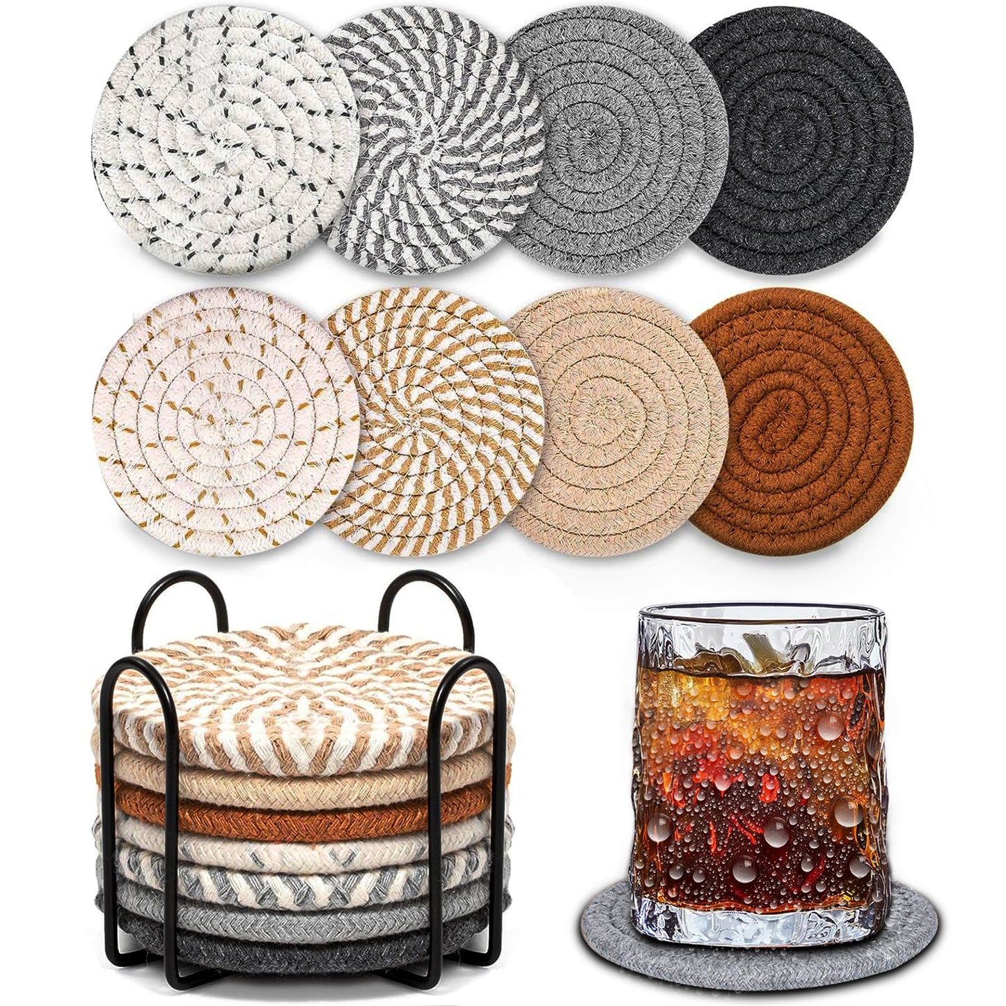 Windran Woven Coasters Set of 8, Absorbent Drink Coasters with Holder, Boho Cotton Coffee Cup Coaster for Table, Desk, Coffee Bar, Housewarming Gift (8 Colors,4.17 Inch)