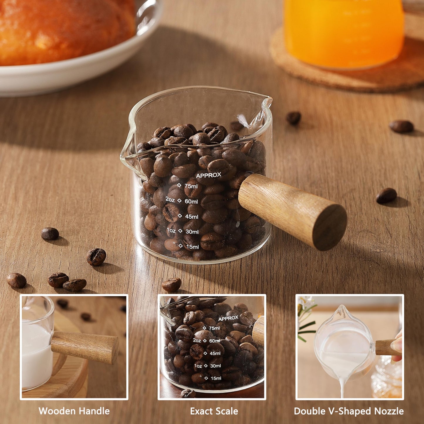 VRUIFA 2 Pack Measuring Cups, Espresso Shot Glass with Wood Handle, Clear Glass with Dual Scale, Espresso Accessories with Double Spouts, 2.5 OZ /75 ML