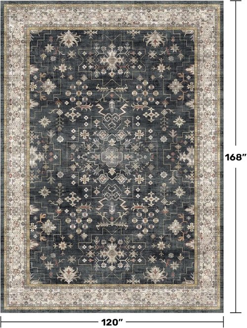 Boho Black Rug - Washable 10x14 Area Rug | Soft Low Pile Carpet for Living Room & Dining Room - Non-Slip, Stain Resistant