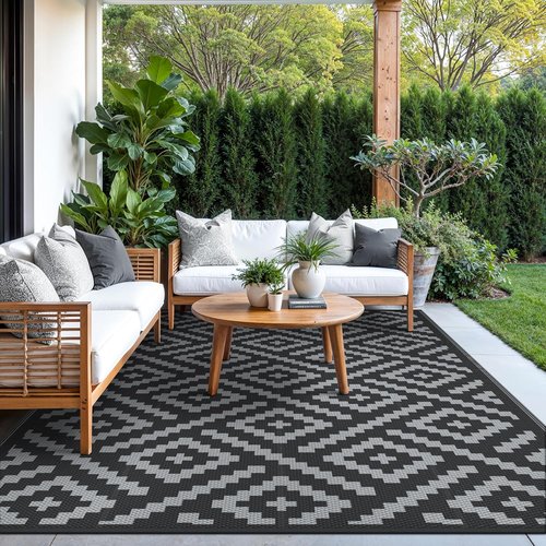 GENIMO Outdoor Rug - Waterproof Reversible Mat for Patio | 6'x9' Black & Gray Design