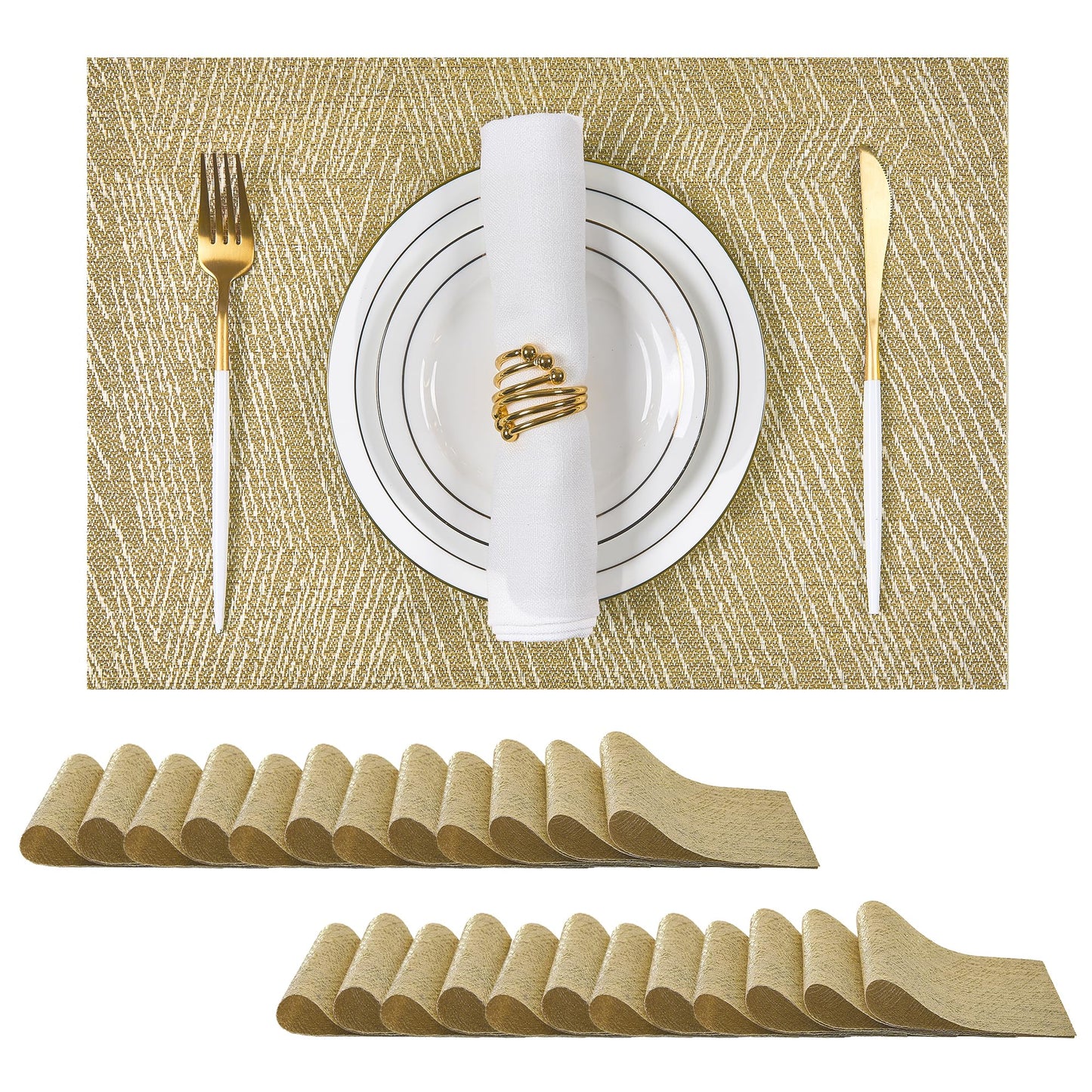 Leetaltree Gold Placemats Set of 24 - Heat Resistant Non-Slip Place mats for Dining Table, Washable Durable PVC Vinyl Woven Table Mats(Luxury Gold, 24)