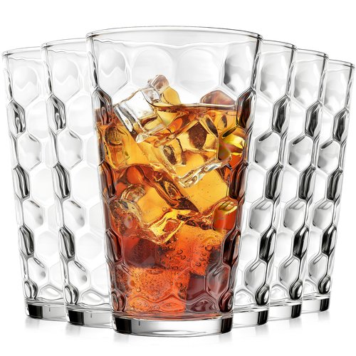 ALINK 16 oz Drinking Glasses, Set of 6 Highball Glass Cups Bar Glasses, Clear Heavy Base Stemmed Water Glasses for Beer, Iced Coffee Cups, Cocktail Glasses, Wine, Iced Tea, Dishwasher Safe