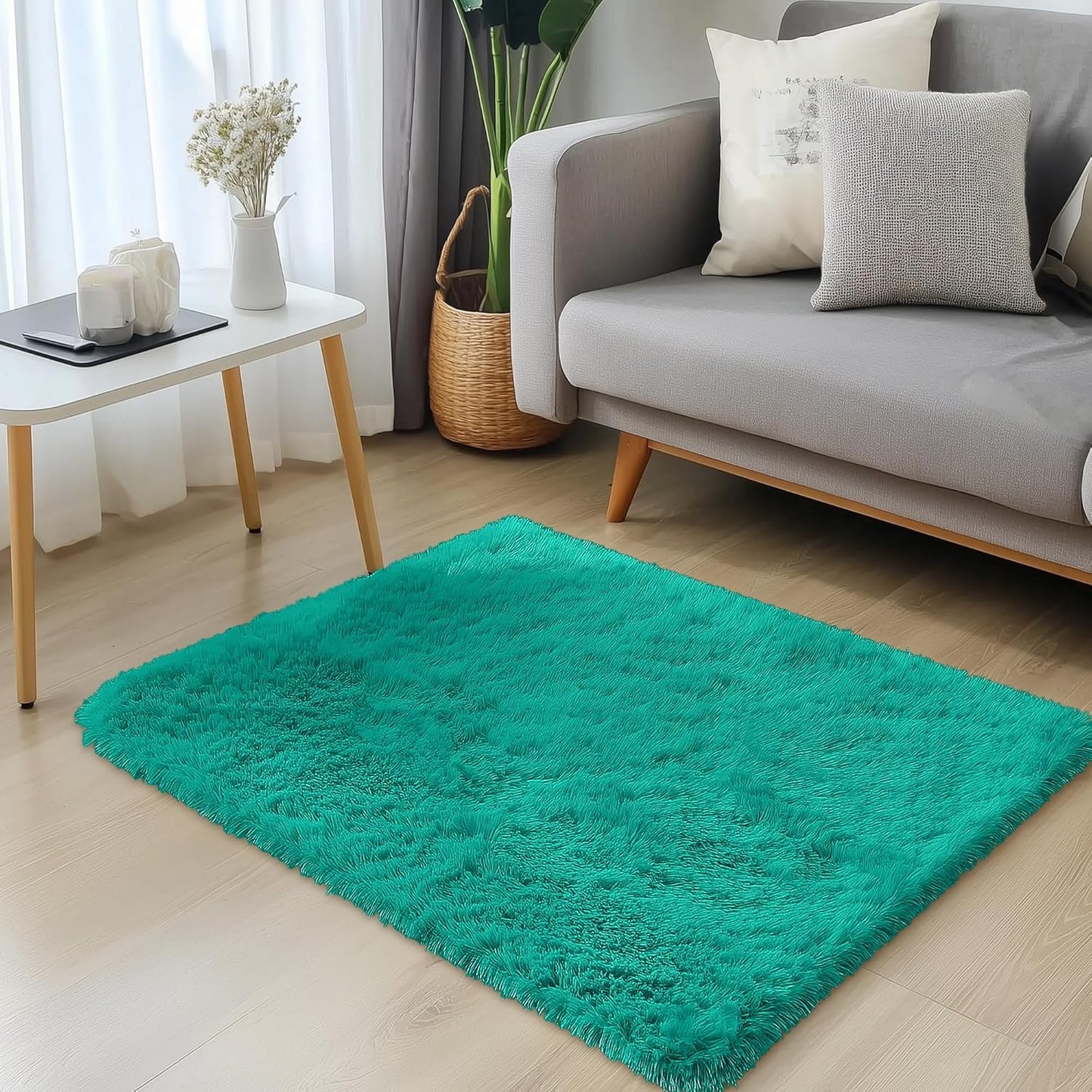 OLANLY Small Bedside Rug - Soft Fluffy Shaggy Indoor Carpet for Bedroom & Living Room | Teal Green