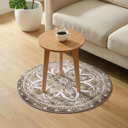 Carvapet 24-Inch Vintage Washable Round Rug - Non-Slip Rubber Backing | Foldable Low Pile Design, Brown