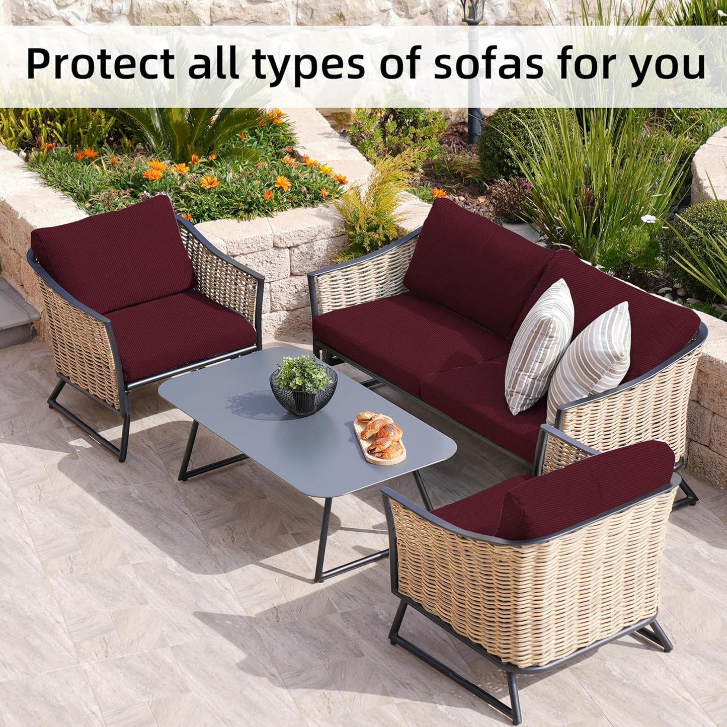 Skiennix 8Pcs Stretch Patio Cushion Covers - Washable Outdoor Sofa Slipcovers in Wine Red