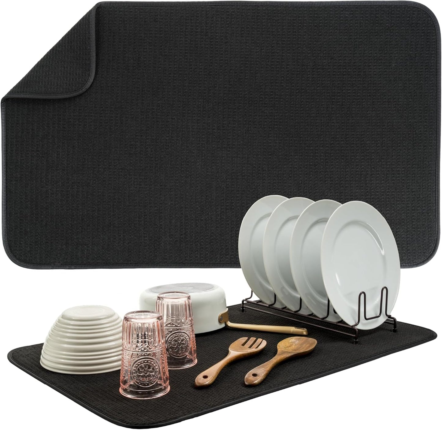 S&T INC. Jumbo Dish Drying Mat - Absorbent Microfiber Kitchen Counter Pad, 18” x 30”, Black
