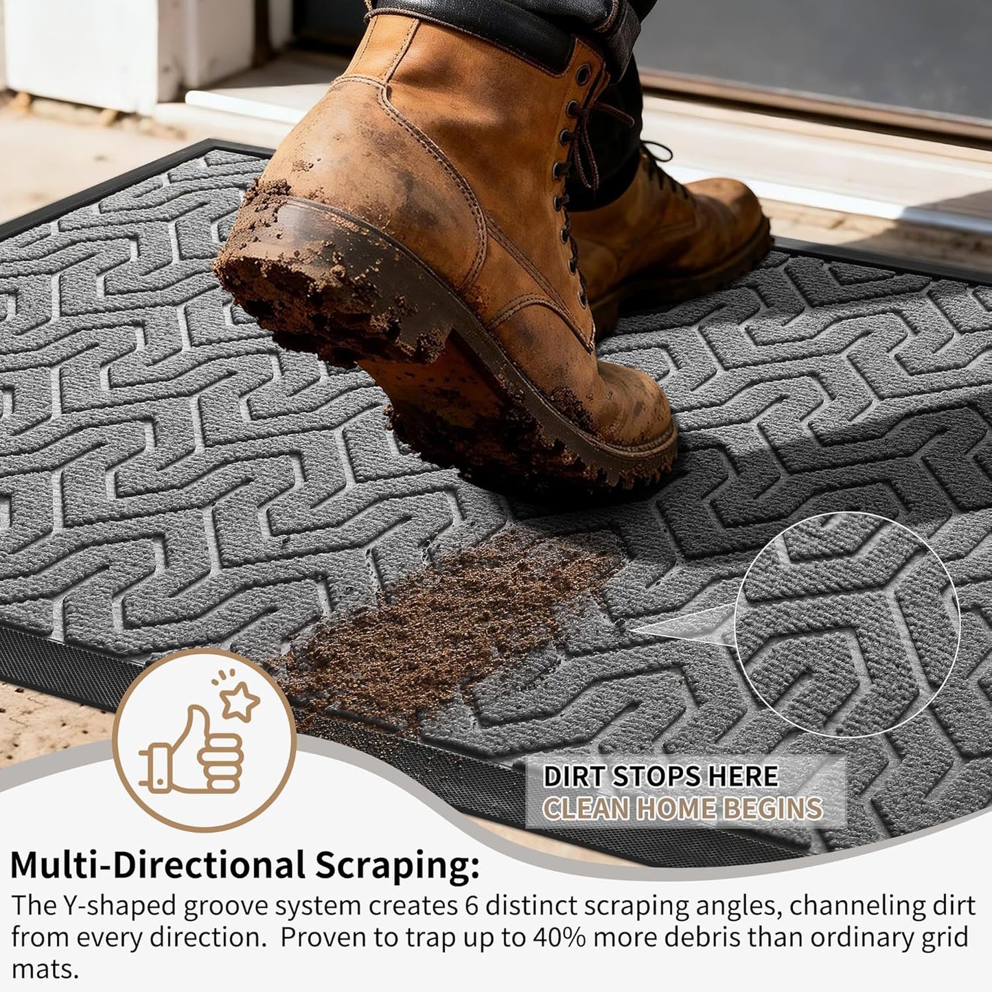 Yimobra Front Door Mat - Waterproof Heavy Duty Non-Slip Rubber | 29.5"x17" Grey Outdoor Entrance Mat