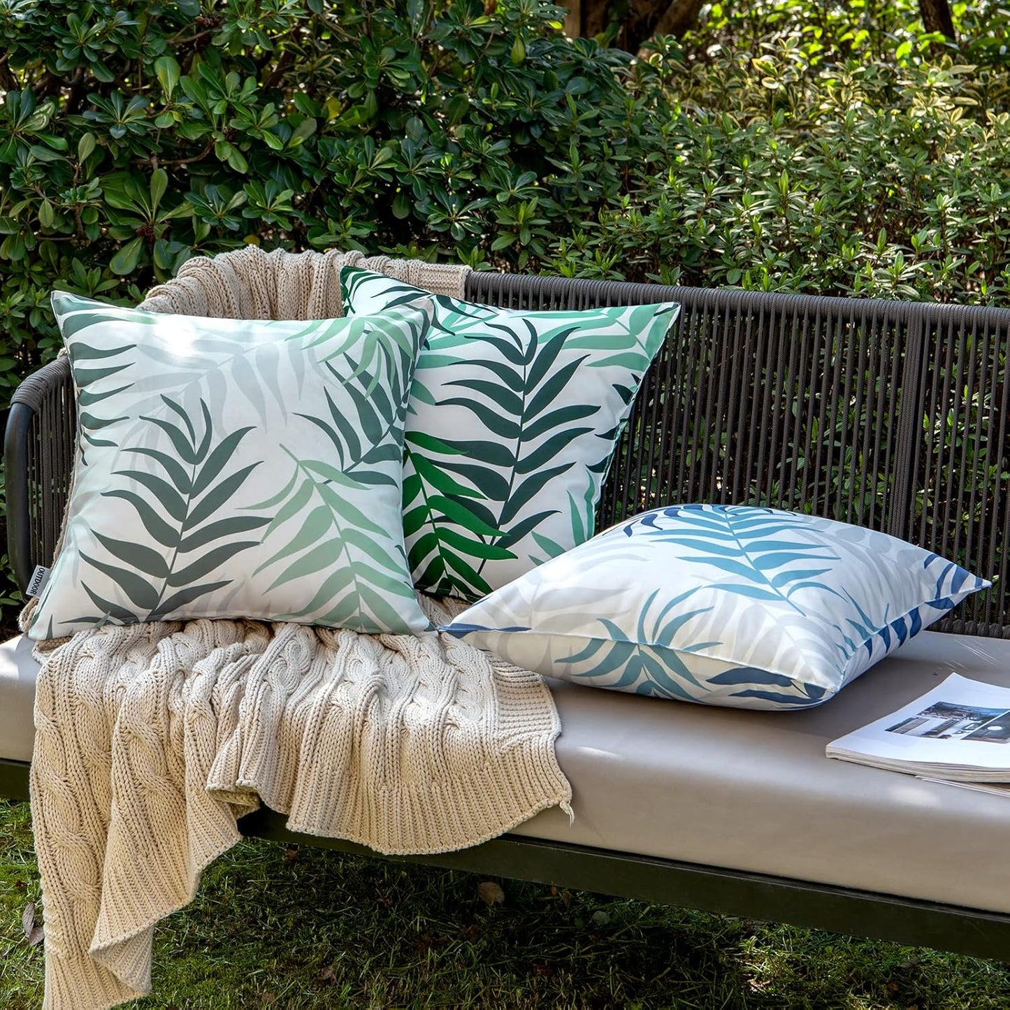 MIULEE Outdoor Waterproof Throw Pillow Covers - Spring Natural Leaves Pattern | 18x18 Inch, Greyish Green - Pack of 2
