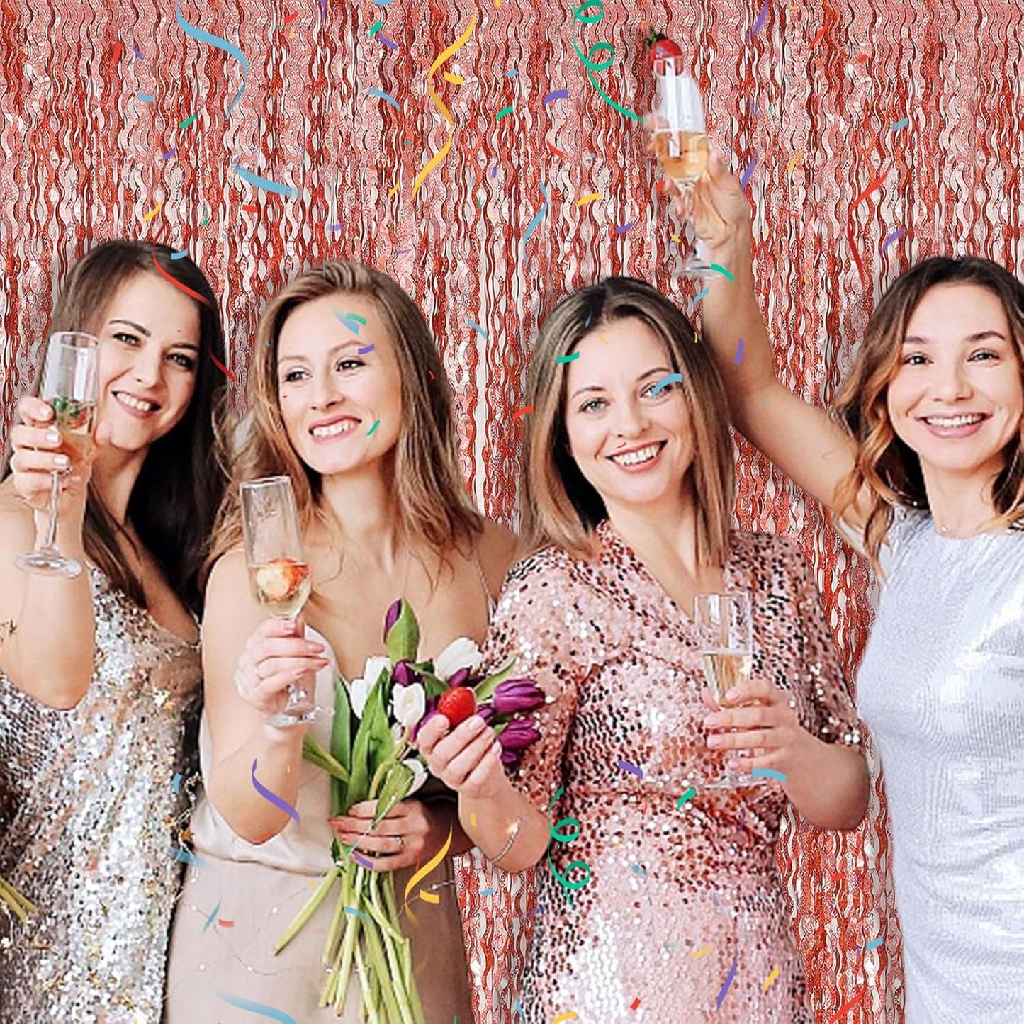 Rose Gold Tinsel Foil Fringe Curtains - Wavy Backdrop for Parties & Events | Photo Booth Decoration