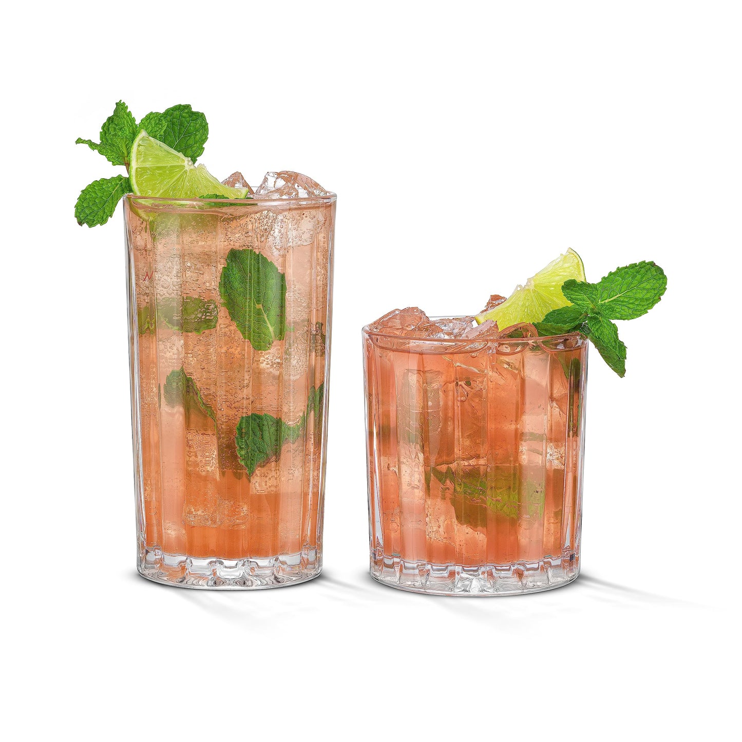 JoyJolt Drinking Glasses Set of 8, Alina Ribbed Glassware. 12oz Rocks Glass and 14oz Highball Glass set. Cocktail Glasses, Iced Coffee Cup or Water cups. Heavy Base Glassware Set