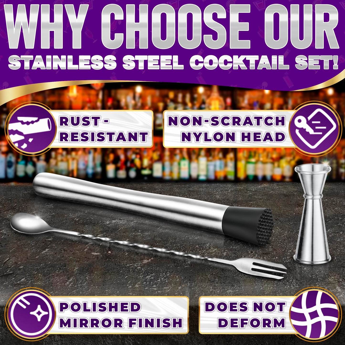 3 Pcs Muddler for Cocktails Set - Bar Muddler Tool with Sturdy Head, Versatile Cocktail Spoon & Jigger, Easy to Use & Clean, Stylish Rust-Resistant Stirring Tool - Bar Tools for Drinks Mixing