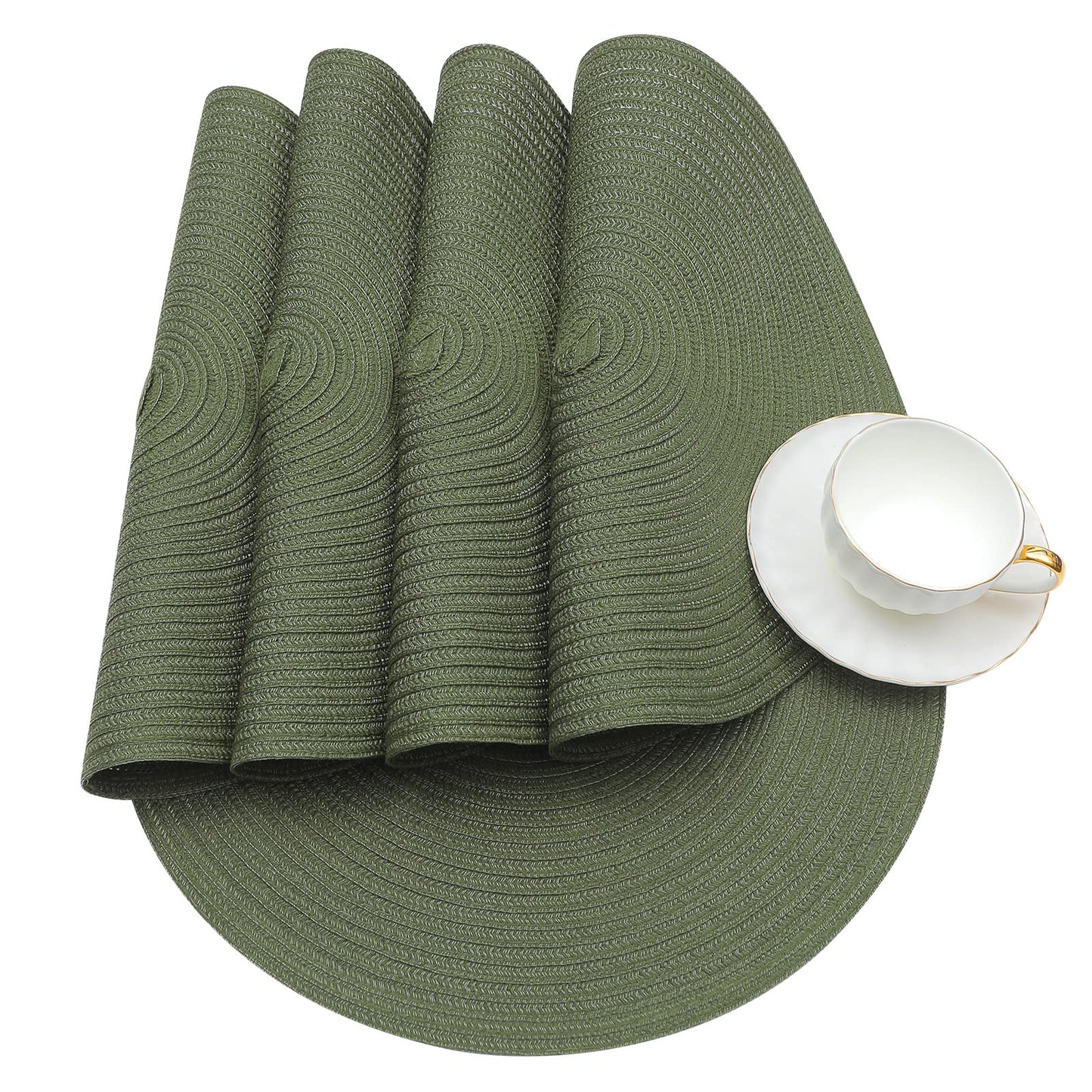 SHACOS Round Placemats Set of 8 Washable 15 inch Round Table Mats Cotton Polyester Woven Braided Place Mats for Dining Table Wedding Party Decor (Olive Green, 8)