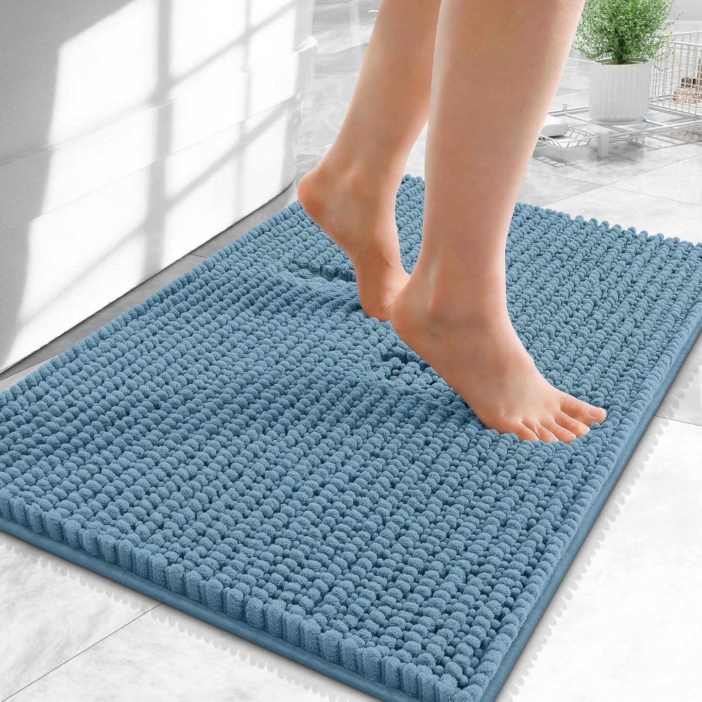 OLANLY Thick Chenille Bath Rugs - Extra Soft & Absorbent | 24x16 Airy Blue Bathroom Mats
