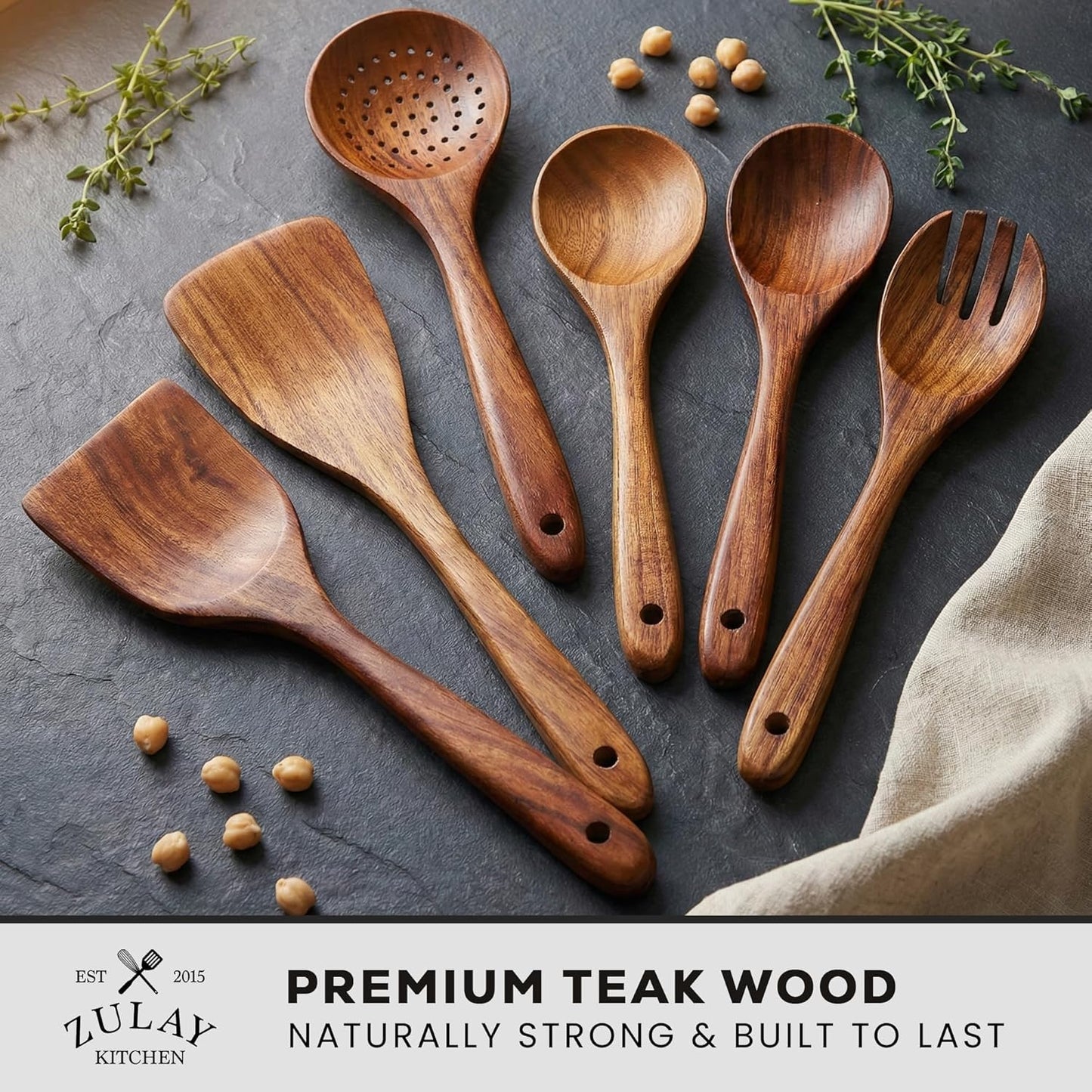 Zulay Kitchen Wooden Cooking Spoons Set - 6 Durable Teak Utensils, Easy to Clean, Comfort Grip
