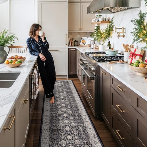 Hallway Washable Runner Rug - Vintage Non-Slip Indoor Carpet for Kitchen & Entryway | 2'6'' x 12', Black