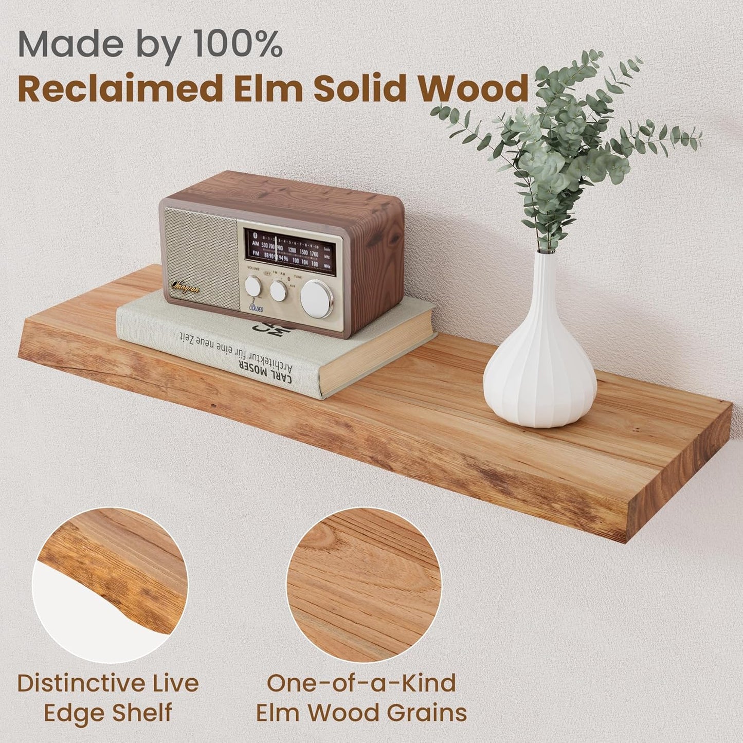 Rustic Solid Elm Wood Floating Shelves by [Brand Name] - Wall Mounted Live Edge Design | Set of 2, 24 Inch Natural Finish for Living Room, Bathroom, Kitchen