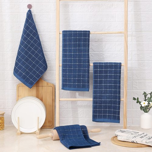 Homaxy 100% Cotton Terry Kitchen Towels(Navy Blue, 13 x 28 inches), Checkered Designed, Soft and Super Absorbent Dish Towels, 24 Pack