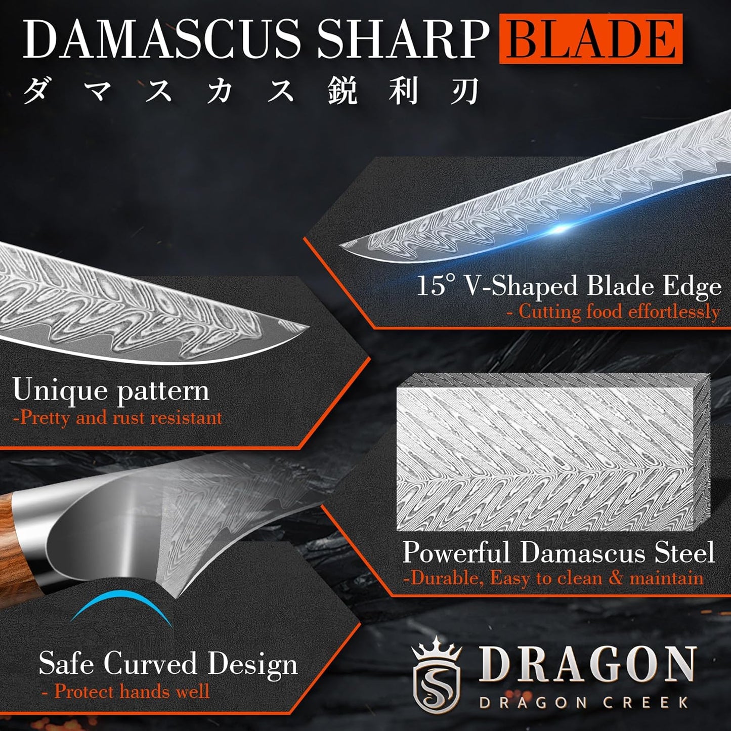 Dragon Creek Damascus Deboning Knife - Boning Knife for Meat, Fish Filleting - 5.5" Stainless Steel