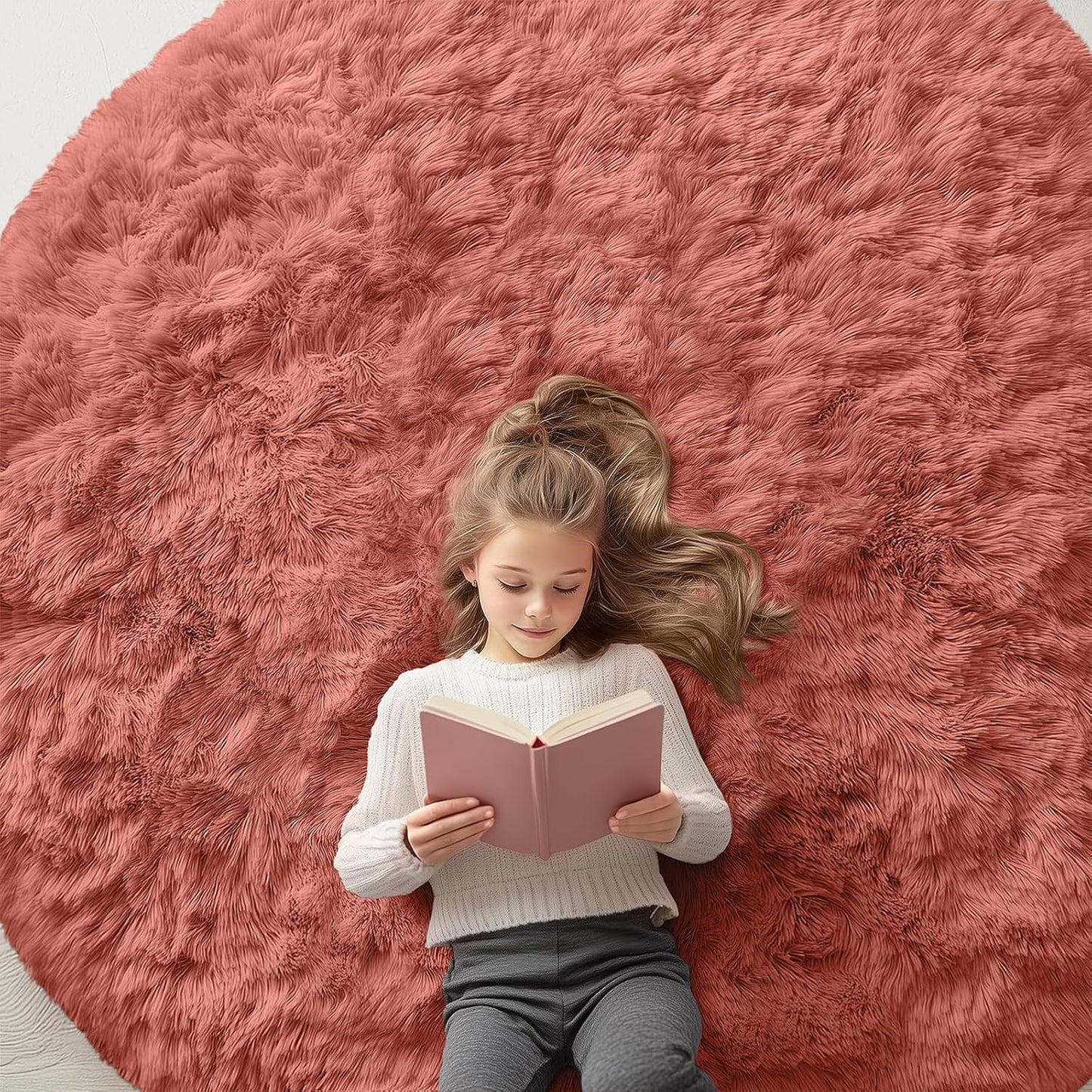 OLANLY Round Rugs - Soft Rust Red Shaggy Area Rug, 6 ft Circle, Machine Washable for Bedroom & Living Room Decor