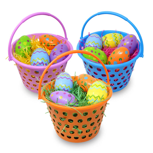 JOYIN 6 Pieces Easter Plastic Baskets with Handle, Easter Eggs Hunt Bucket Bags Filled with 55g Tricolors Grass for Garden Party Favors, Decorations, Goody Basket Fillers Stuffers Toy(9”x 7.4”)