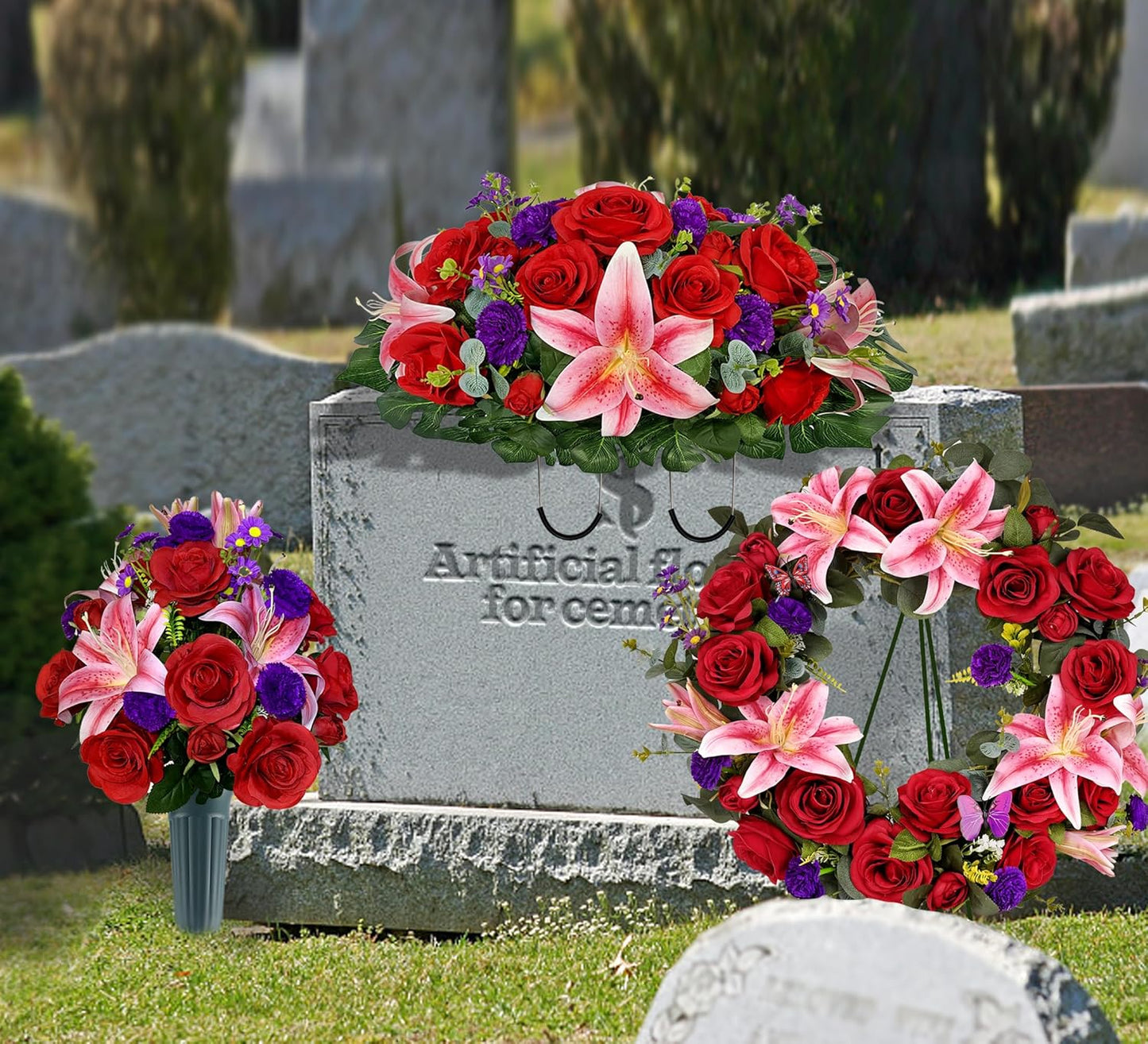 Regine Switzerland Cemetery Wreath - Handmade Floral Arrangement with 30-Inch Easel Stand | Red & Pink Roses, Lilies, Daisies, Carnations
