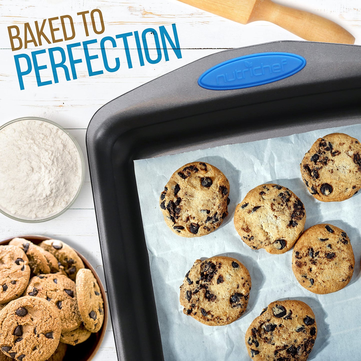 NutriChef 2-Piece Nonstick Baking Pan Set – Carbon Steel Cookie Sheet w/ Red Silicone Grip Handles – Durable, Heavy-Duty Bakeware for Even Heat Distribution – Oven Safe, Easy Cleanup – Gray