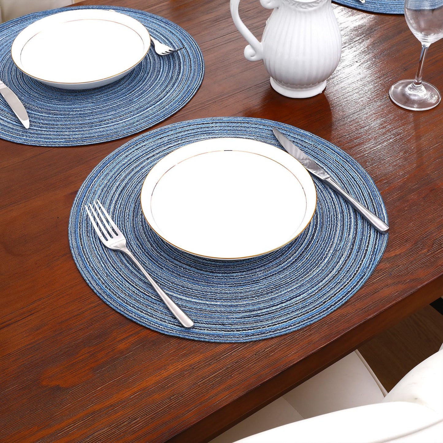 SHACOS Round Braided Placemats Set of 12 Circle Place Mats Cotton Polyester Kitchen Table Mats for Dining Table Wedding Party Decor (Blue Gray, 12)