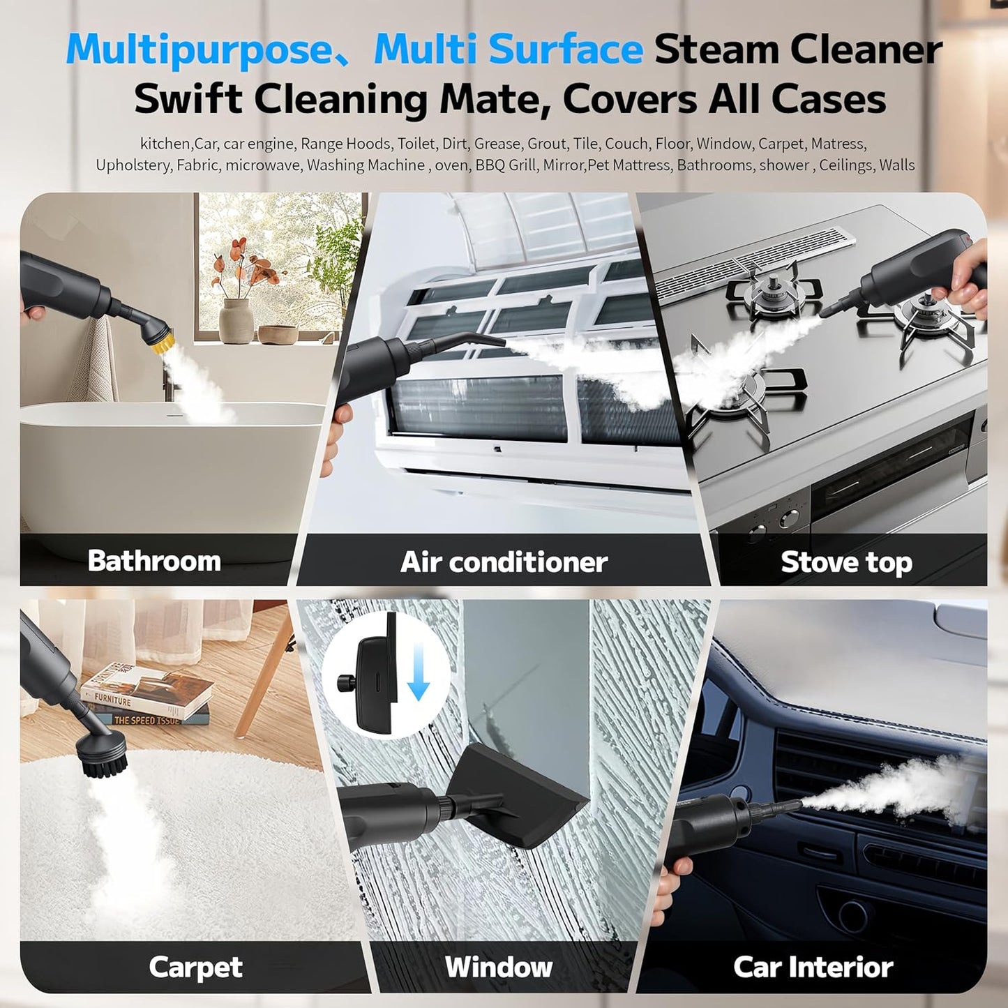 Pressurized Handheld Steam Cleaner - 2500W, 54oz Capacity, 3-Level Adjustable Steam & 15 Accessories for Home & Auto