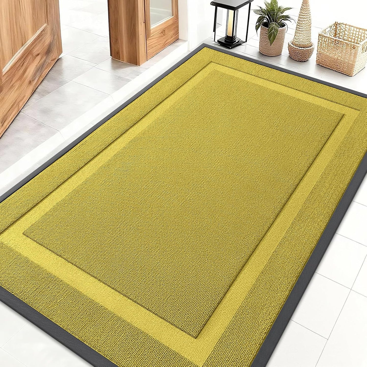 OLANLY Waterproof All-Season Front Door Mat - Sturdy Natural Rubber, Easy Clean | 47x32, Lime Green