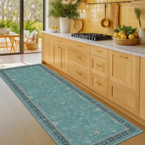Boho 2x8 Non-Slip Kitchen Runner Rug - Machine Washable Vintage Carpet in Floral Aqua Blue
