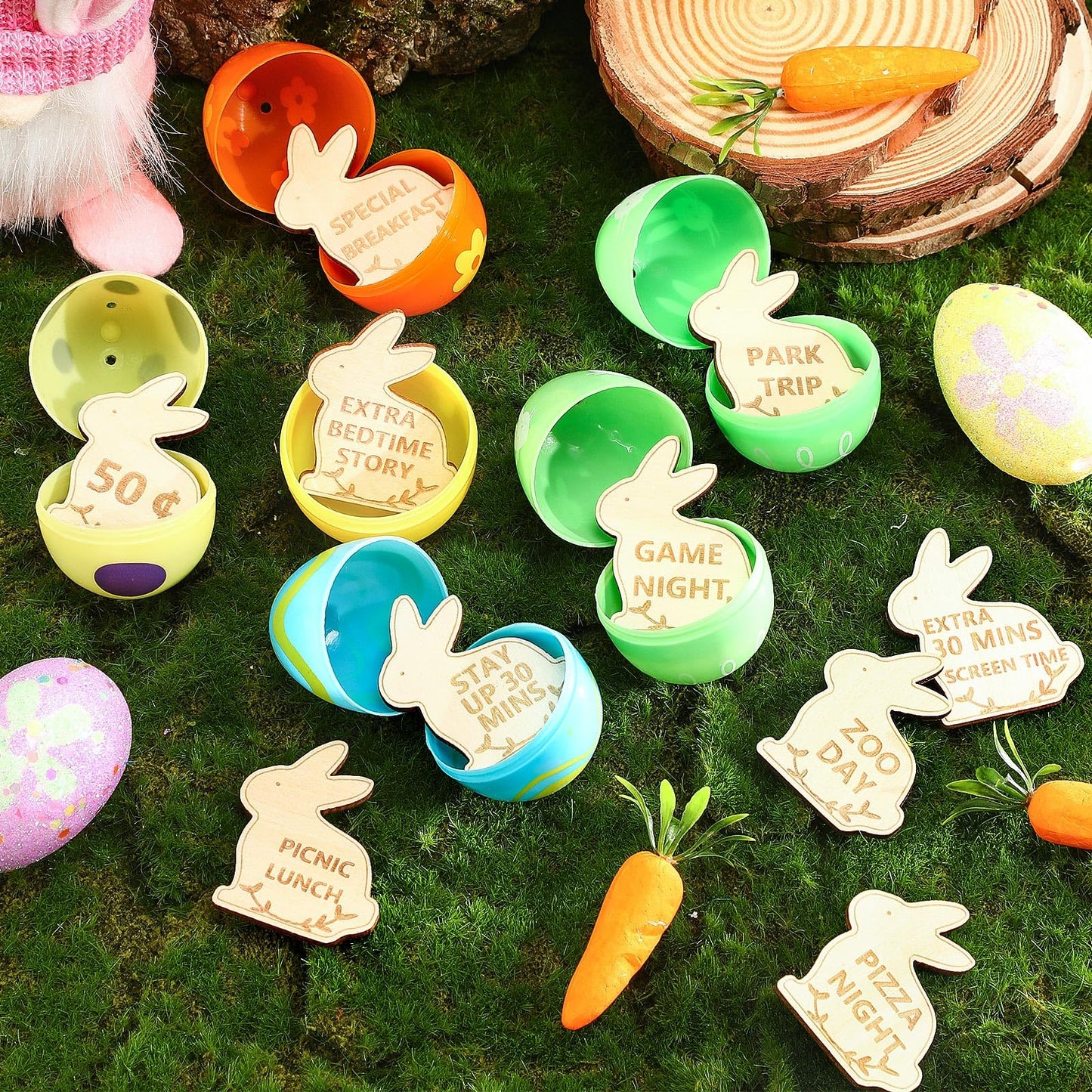 CypherX Easter Egg Fillers- Wood Easter Reward Tokens, Easter Prizes Stuffers Coins, Family Night Tokens, 24 Redeemable Tokens+6 Blank DIY Tokens, Unique Family Easter Egg Hunt Activities- Bunny