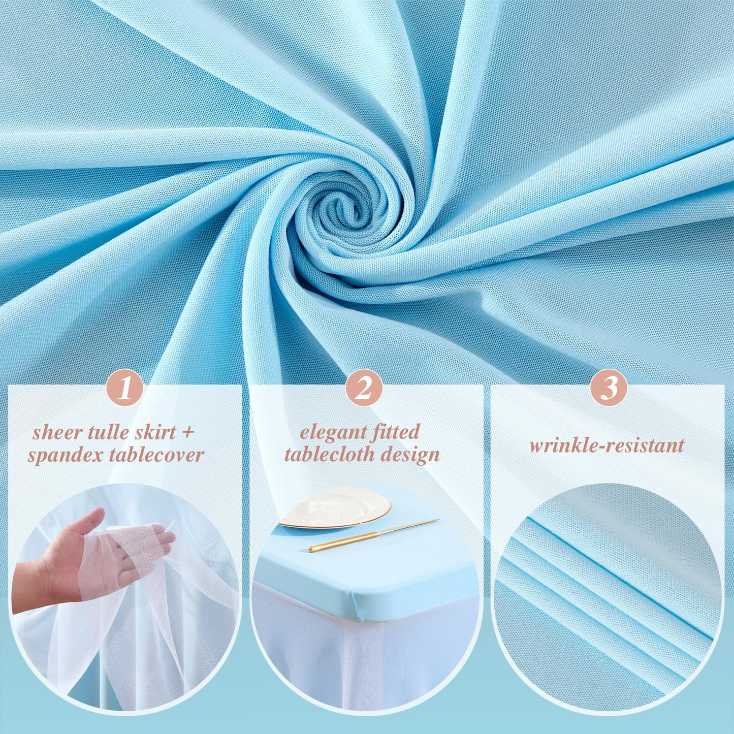 PARTISKY Blue Tablecloths 4 Foot Rectangle Tables, Spandex Fitted Tablecloth Stretch Table Cover with Tulle Skirt for Baby Shower Birthday Party Wedding Banquet Dessert Table Decorations