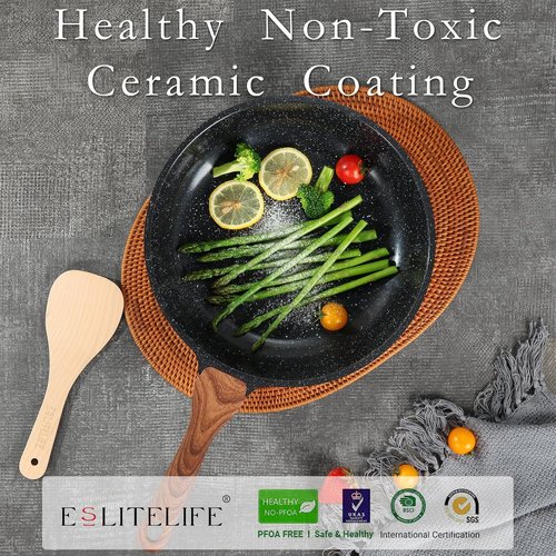 Eslite Life Nonstick Ceramic Frying Pan - Safe & Versatile Skillet with Lid | 8" Black, Compatible with All Stovetops