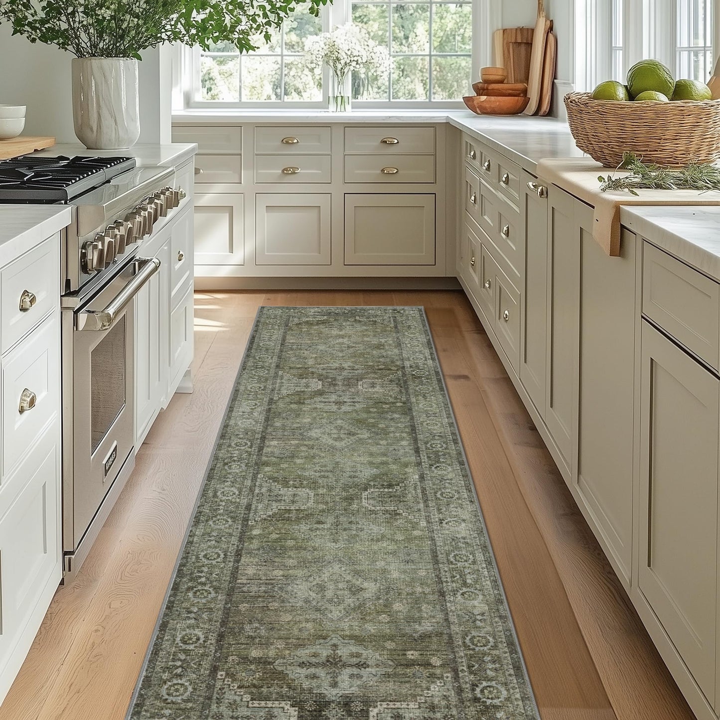 BEIMO Runner Rug 2x12 for Hallway Living Room Bedroom, Washable Thin Chenille Rug, Print Vintage Tribal Aesthetic Carpet, Low Pile Mat with Non Slip Rubber Backing, Distressed Sage