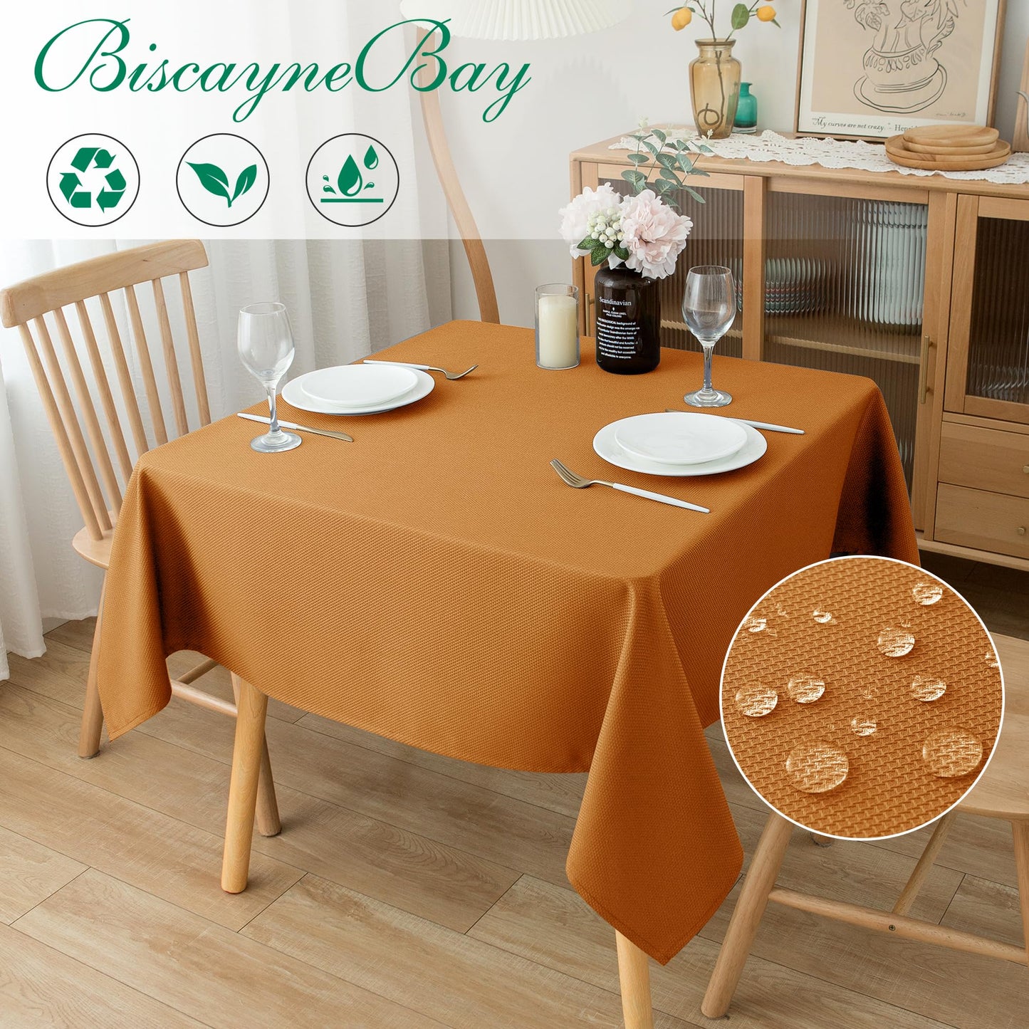 Biscaynebay Fall Tablecloth Textured Fabric Square Tablecloths 70x70 Inch, Bronze Thanksgiving Autumn Harvest Water Resistant Fabric Tablecloths for Kitchen, Dining, Wedding, Parties Machine Washable