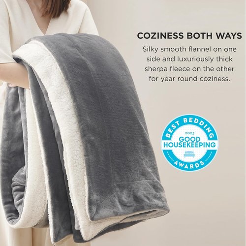 Bedsure GentleSoft Sherpa Fleece Queen Blanket - Thick, Warm, Plush Throw for Winter - Grey, 90x90 Inches