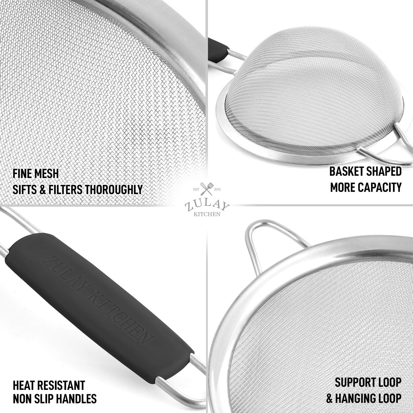 Zulay Kitchen Premium Stainless Steel Fine Mesh Strainer Set - Strainers For Kitchen (Set of 3) With Non-Slip Handles - Includes A Small, Medium & Large Fine Mesh Sieve Set - Durable Metal Strainer
