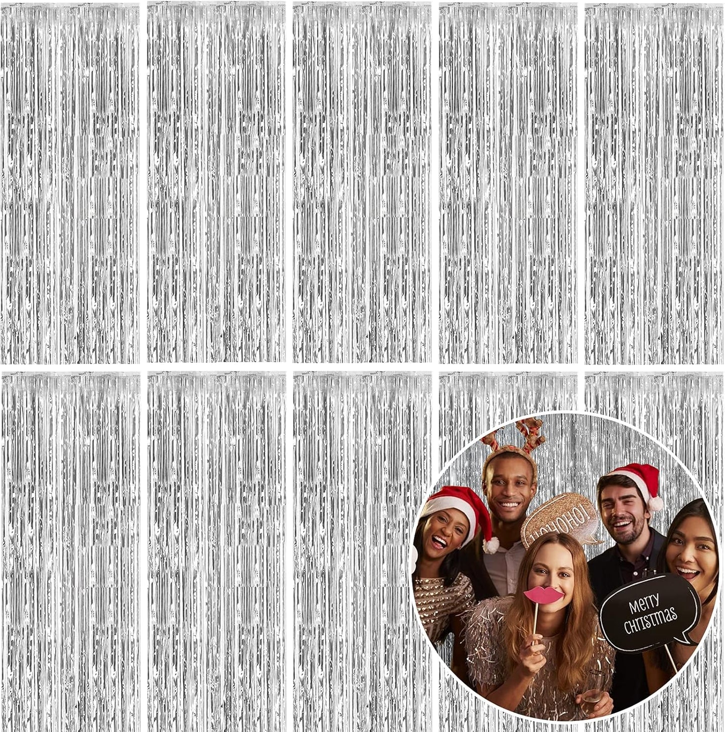 Skiennix Foil Curtain Backdrop - Silver Metallic Tinsel Fringe for Parties | 10 Pack