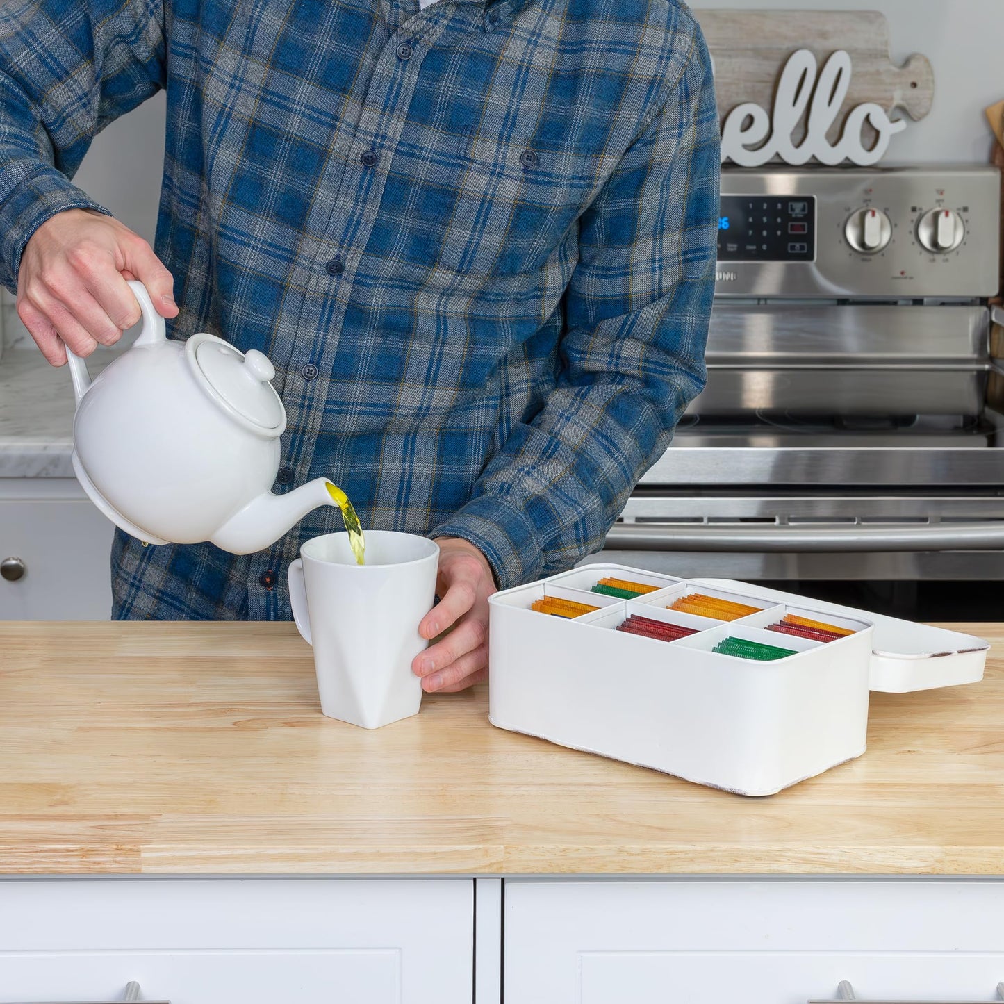 AuldHome Design Farmhouse Tea Bag Box (White), Vintage Retro Style Enamelware Tea Storage Tin