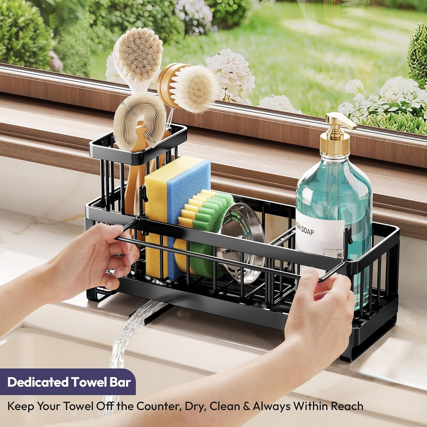 SWTYMIKI Sponge Holder - Self-Draining Kitchen Sink Caddy with Brush Holder | Black Stainless Steel Organizer