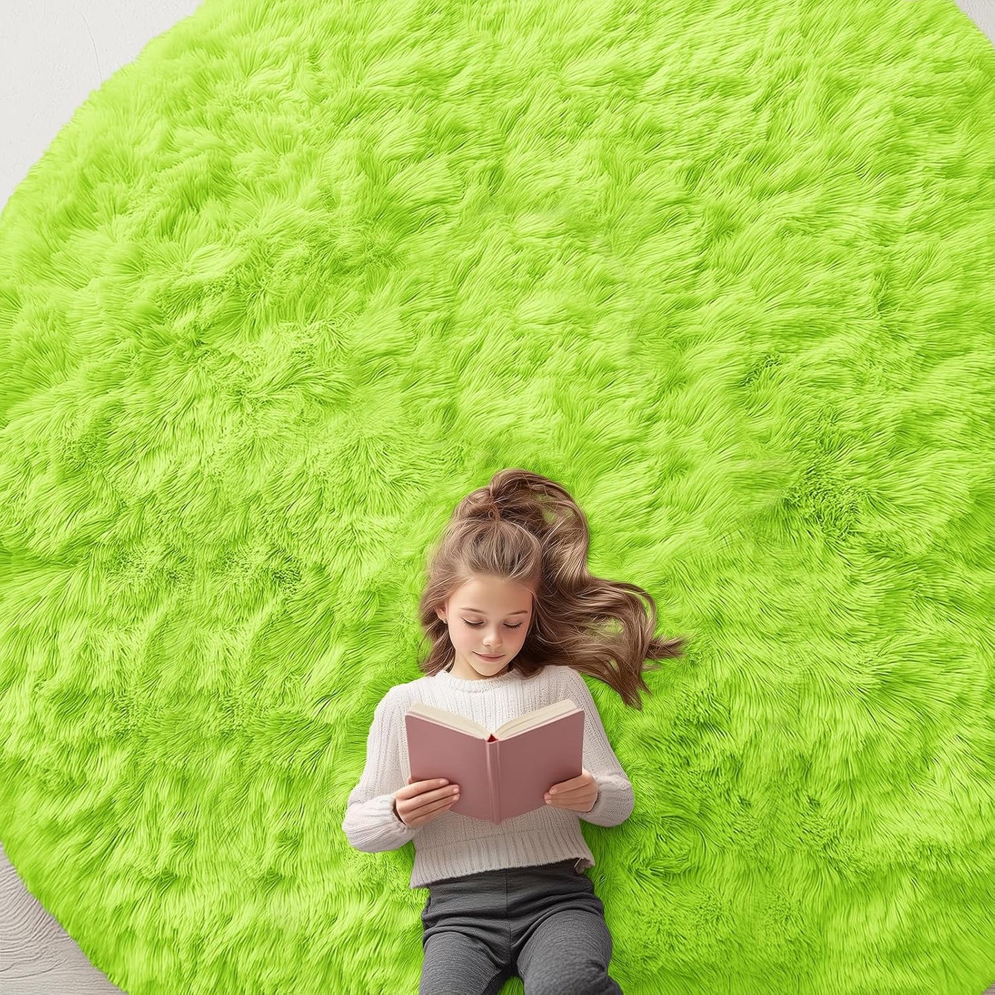 OLANLY Round Lime Green Area Rug - Soft & Fluffy 9 ft Machine Washable Carpet for Bedroom & Living Room