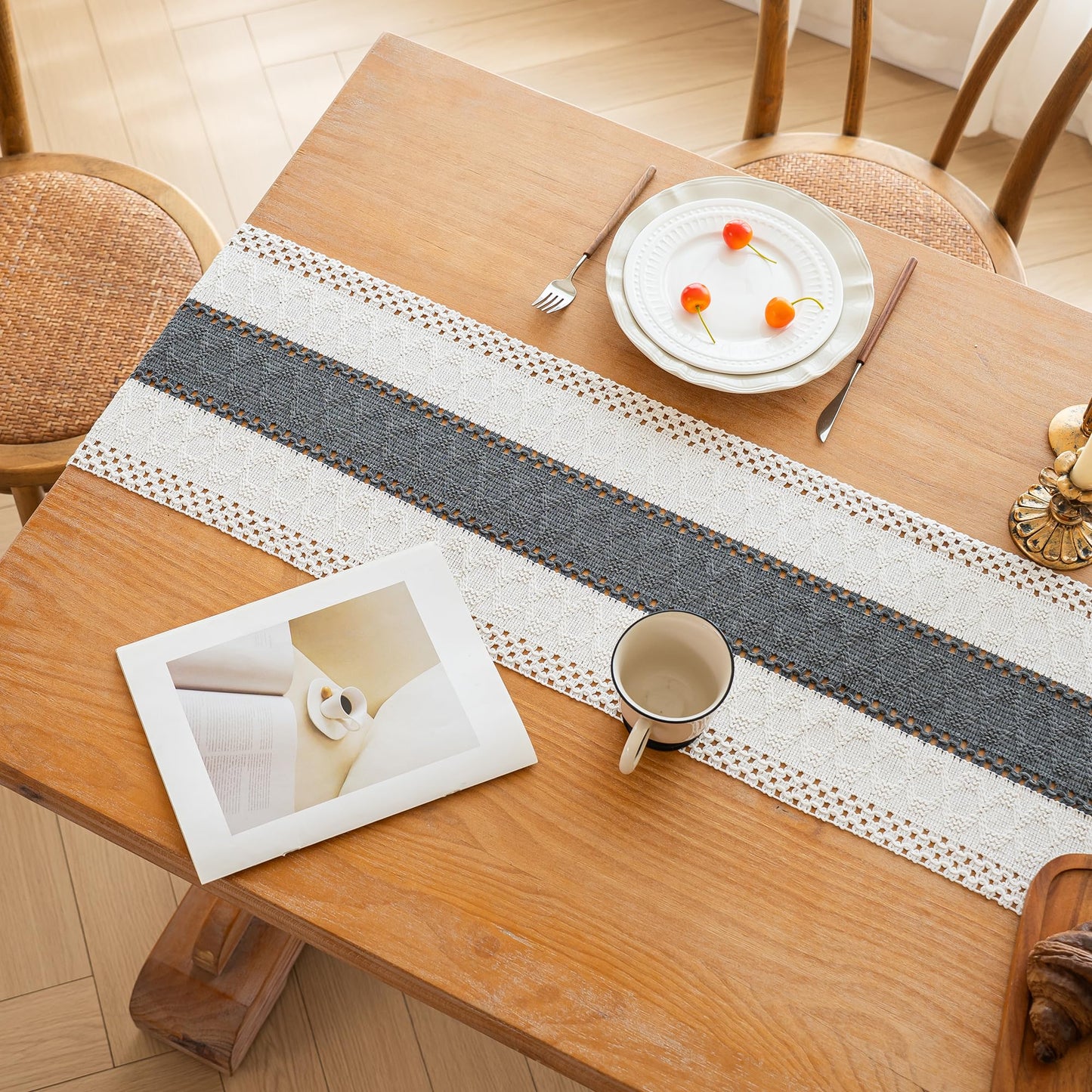 FEXIA Boho Table Runner for Christmas Home Decor with Tassels 72 Inches Long Farmhouse Grey Rustic Table Runner Macrame Burlap Table Decoration for Living Room Bridal Shower(12x72 Inches)