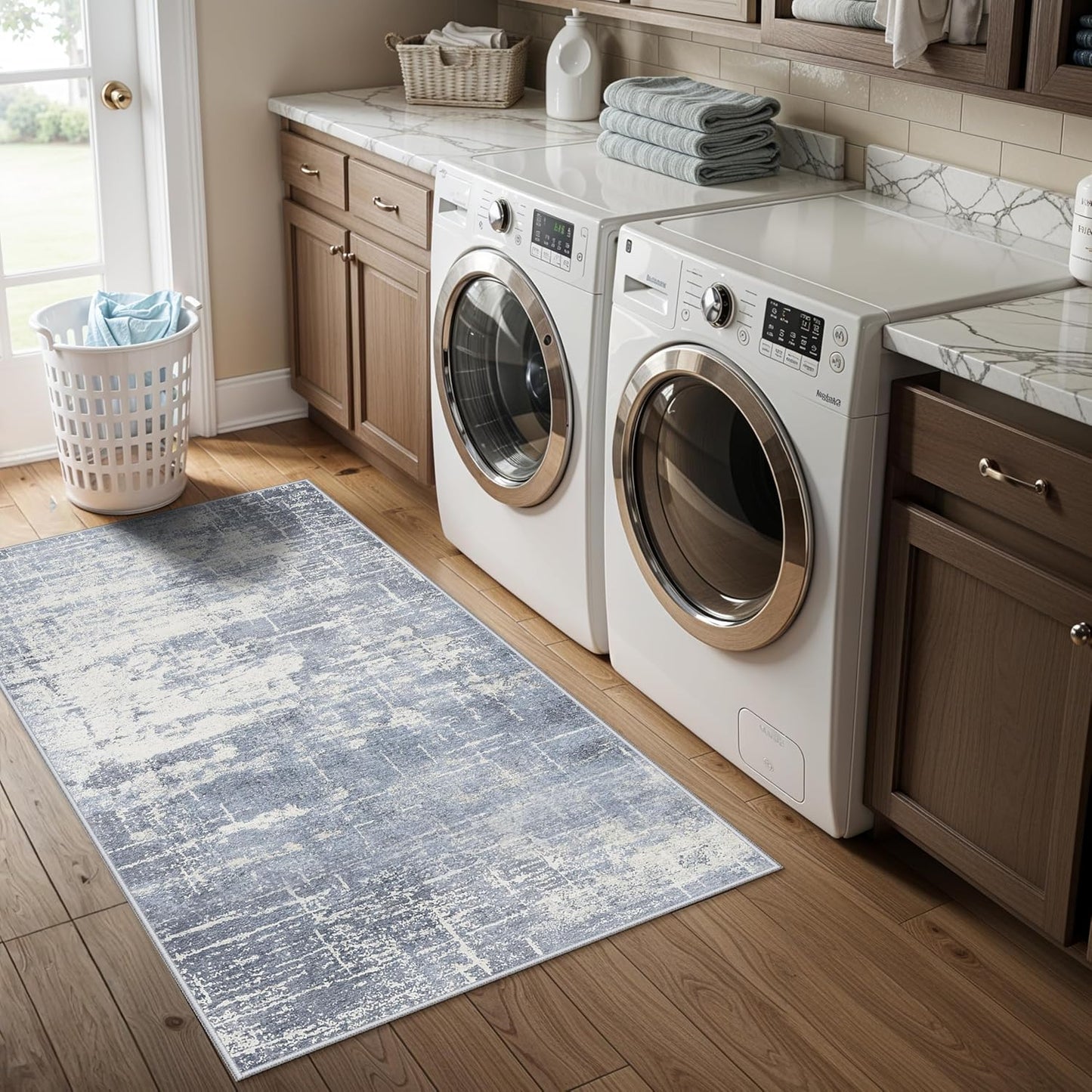 Skiennix Washable Kitchen Area Rug - Abstract Stain-Resistant Design | Non-Slip, Ultra Soft, 2x4 ft, Blue/Ivory