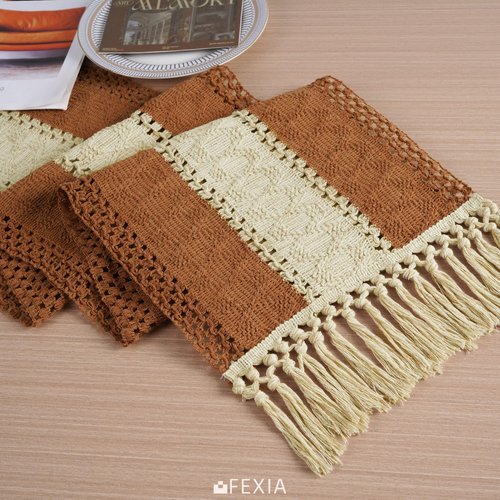 FEXIA Boho Table Runner for Home Decor with Tassels 72 Inches Long Farmhouse Rustic Caramel Table Runner Macrame Burlap Table Decoration for Living Room Bridal Shower (12x72 Inches)