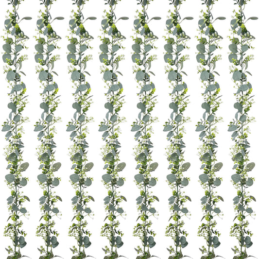 BonBloom's 8 Packs Artificial Eucalyptus Garland with White Flowers 5.9Ft Faux Greenery Garland Vines Spring Garlands for Bedroom Centerpieces Table Wedding Backdrop Arch Mantle Room Decor