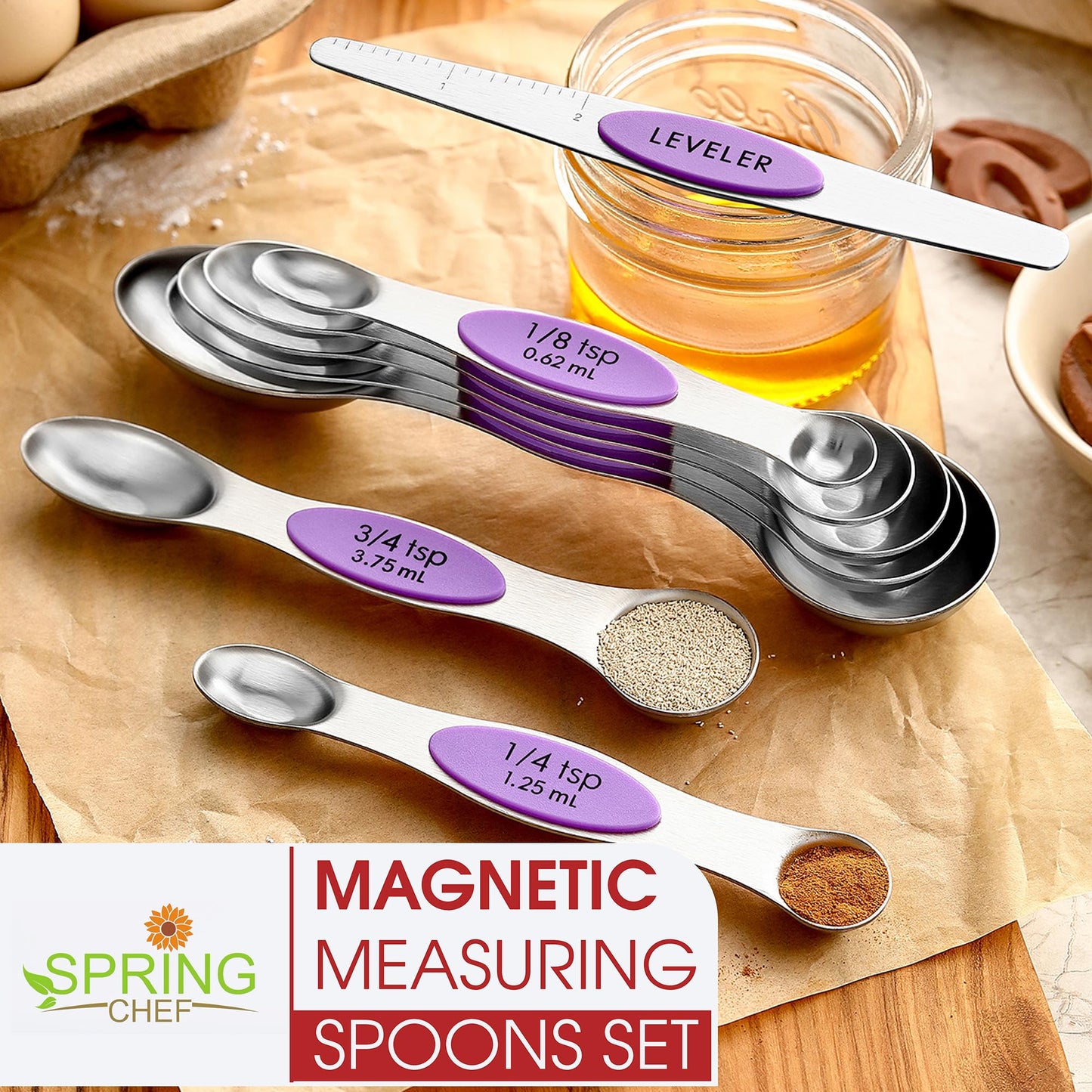 Spring Chef Magnetic Measuring Spoons Set, Dual Sided, Stainless Steel, Fits in Spice Jars, Orchid, Set of 8, 2 Pack