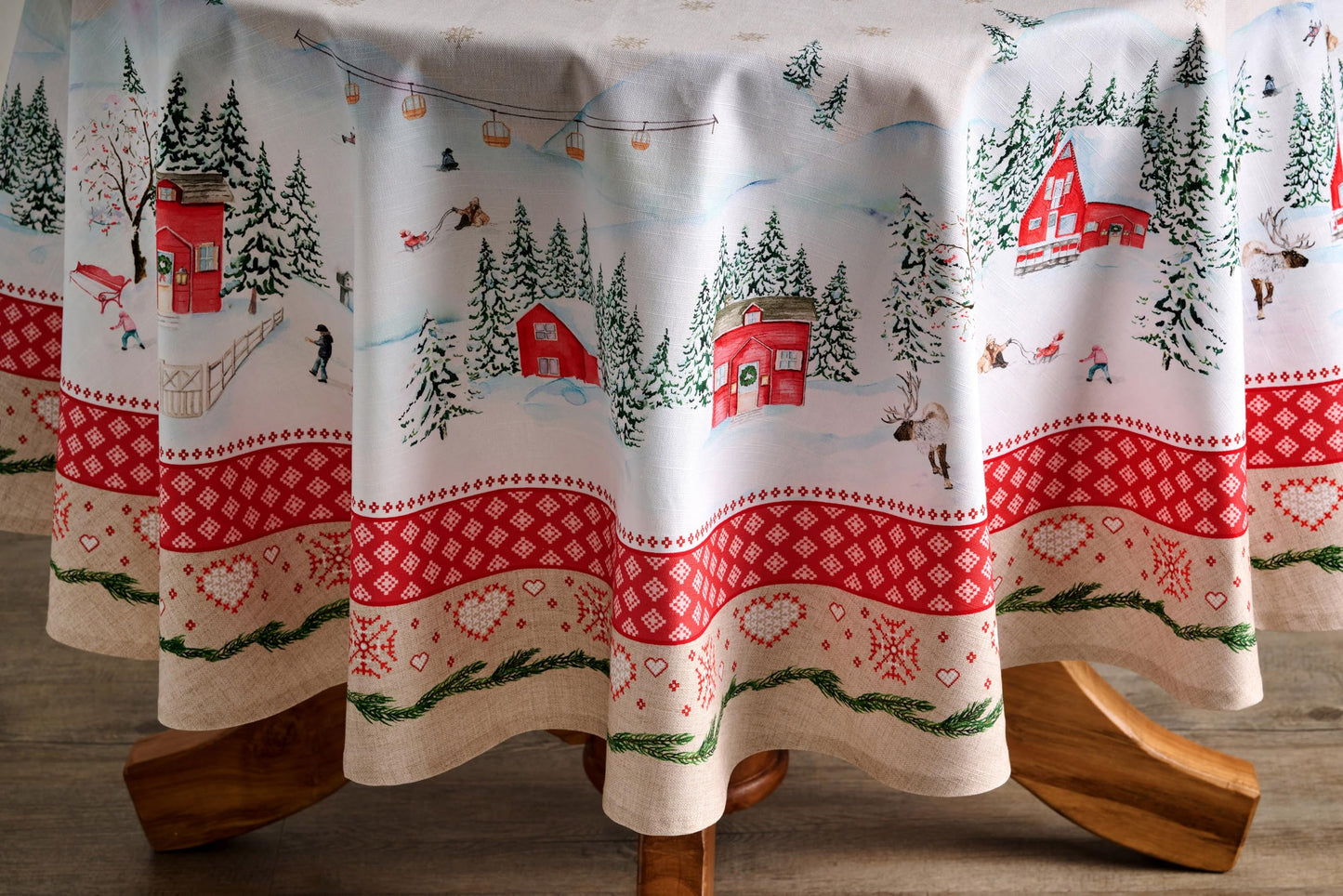 Maison d' Hermine Table Cloth Round Table 100% Cotton 63 Inches Fall Tablecloth Reusable Everyday Use for Thanksgiving Christmas Decorations Dining Farmhouse Party (Rural Christmas)
