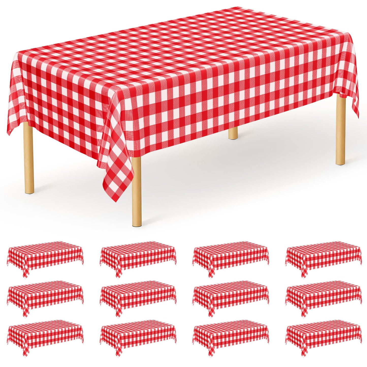 12Pack 54" x 108" Table Cloth Rectangle Table, Waterproof Plastic Table Cloth Ddisposable, Red and White Checkered Tablecloth Table Cover for Outdoor Picnic Birthday Party Gathering BBQ Holiday Dinner